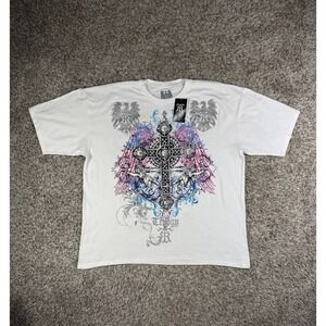 Trilogy Y2K Cross Graphic Tee XXL White Glitter Angel Wings 00s Streetwear USA